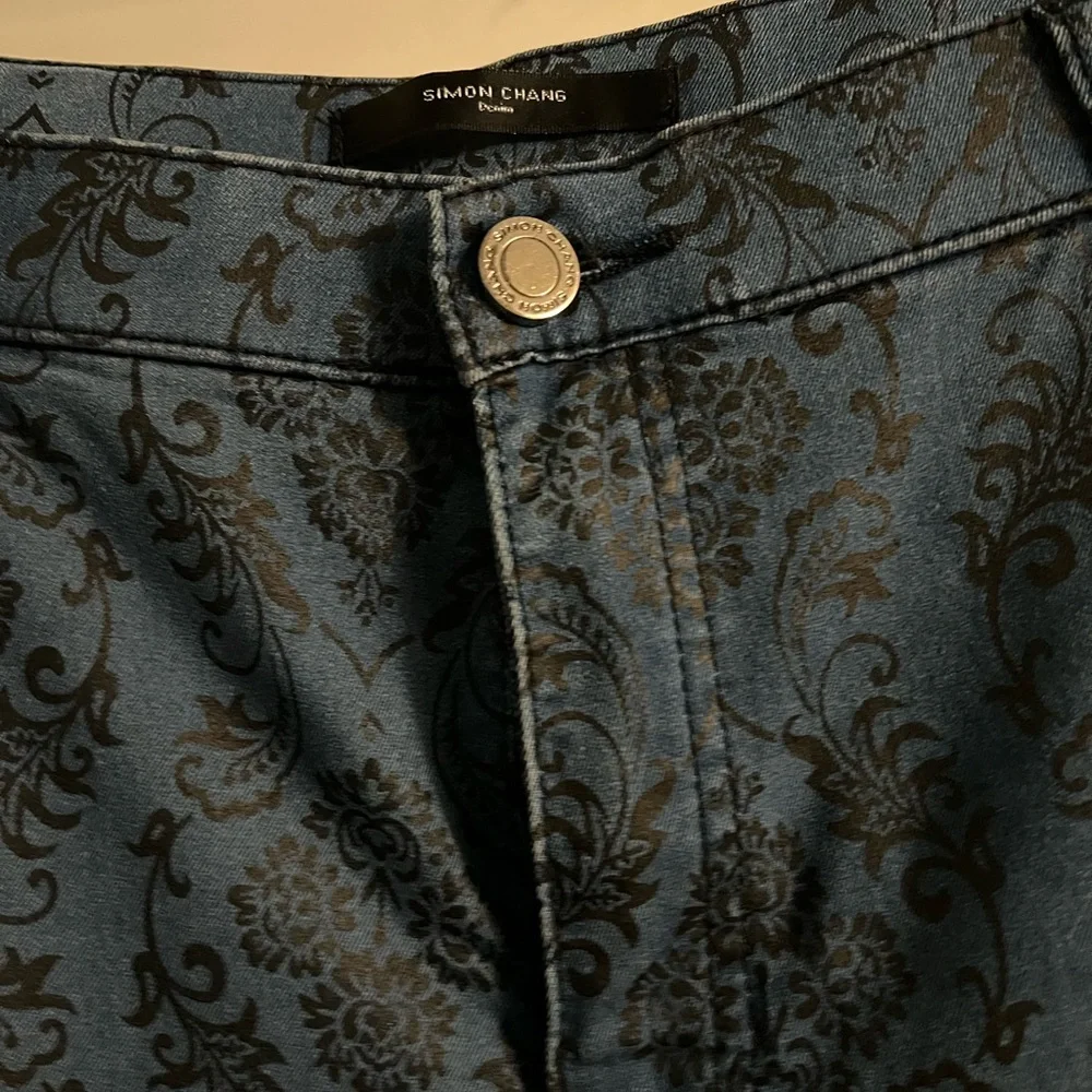 Simon Chang Blue Damask Print Straight Leg Jeans - Picture 2 of 5